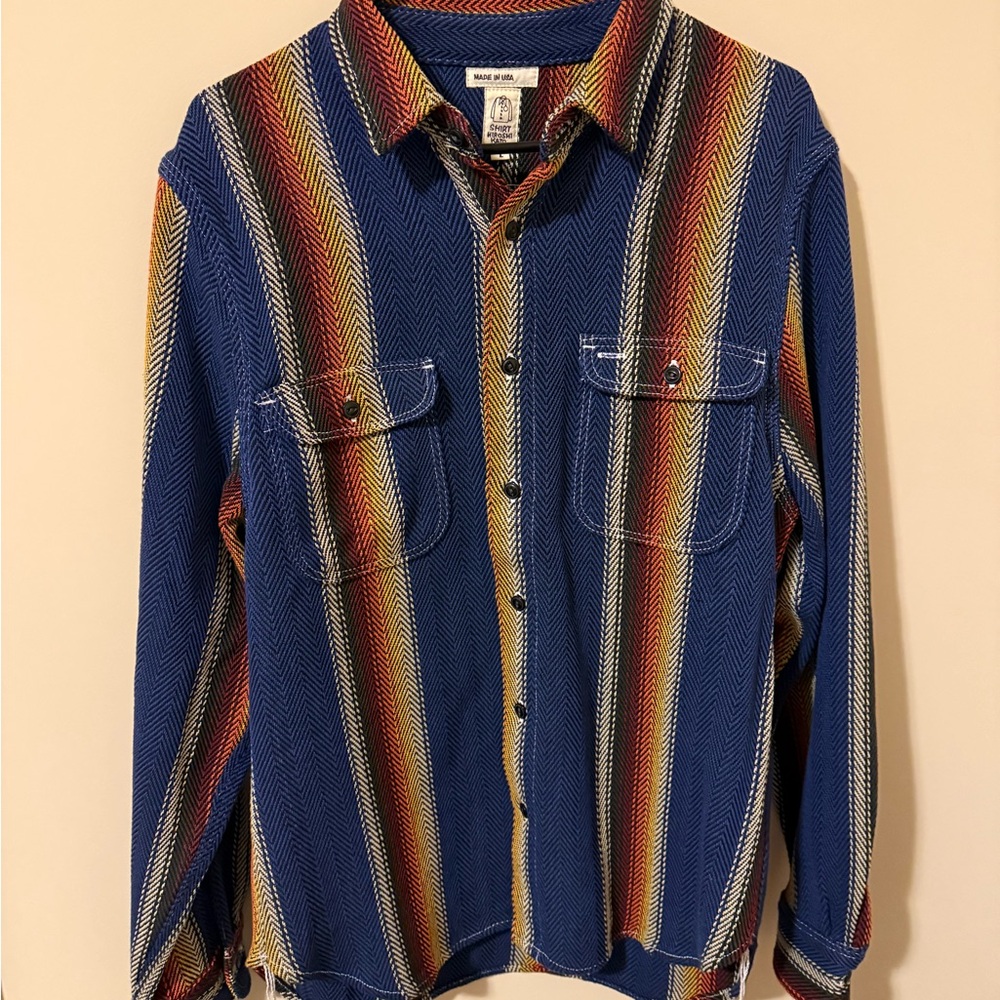 Hiroshi Kato Blue and Red Striped Heavy Weight Shirt Large